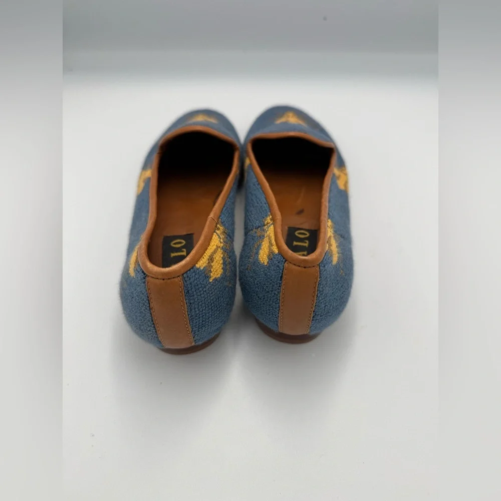 Zalo Blue Floral Needlepoint Loafers with Tan Trim